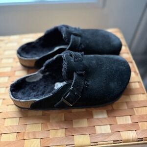 Birkenstock Boston Shearling Black Suede Clogs EU 38 US 7 7.5 Fur Lined Preowned